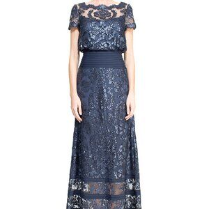 NWT Tadashi Shoji Navy Blouson Waist Paillette Embroidered Lace Maxi Gown Size 6